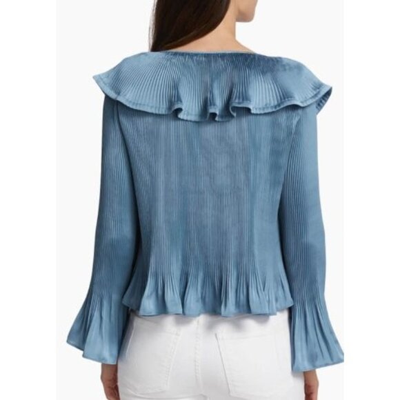 Derek Lam 10 Crosby Charis Pleated Ruffle Whimsy Top Long Bell Sleeves Blue S - Picture 9 of 15